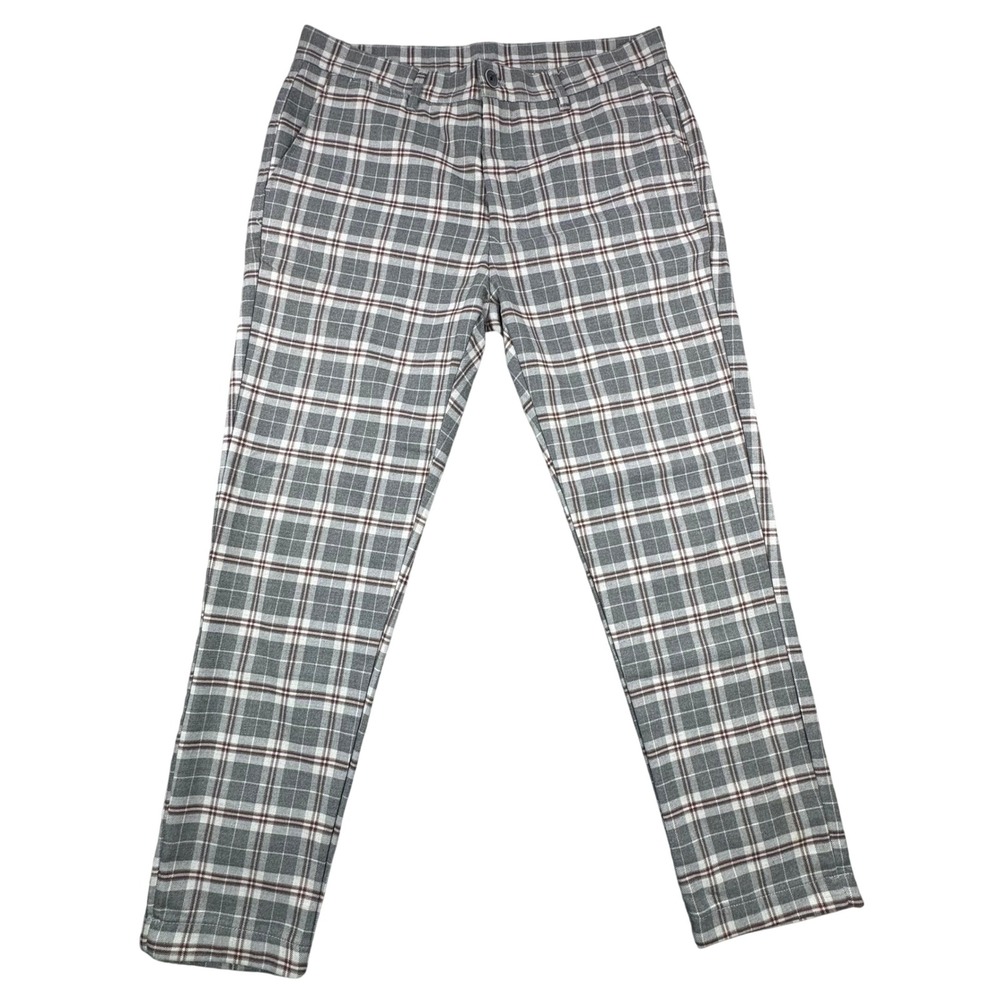 Zara Plaid Trousers Women US Size‎ 33 Gray White Red Slim Fit Dress Pants
